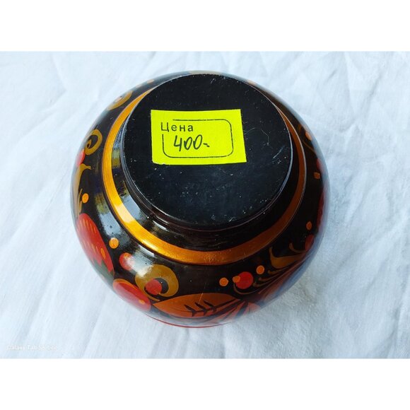 Two pieces of Russian khokhloma folkart wood bowls strawberries and red flowers - Picture 5 of 10